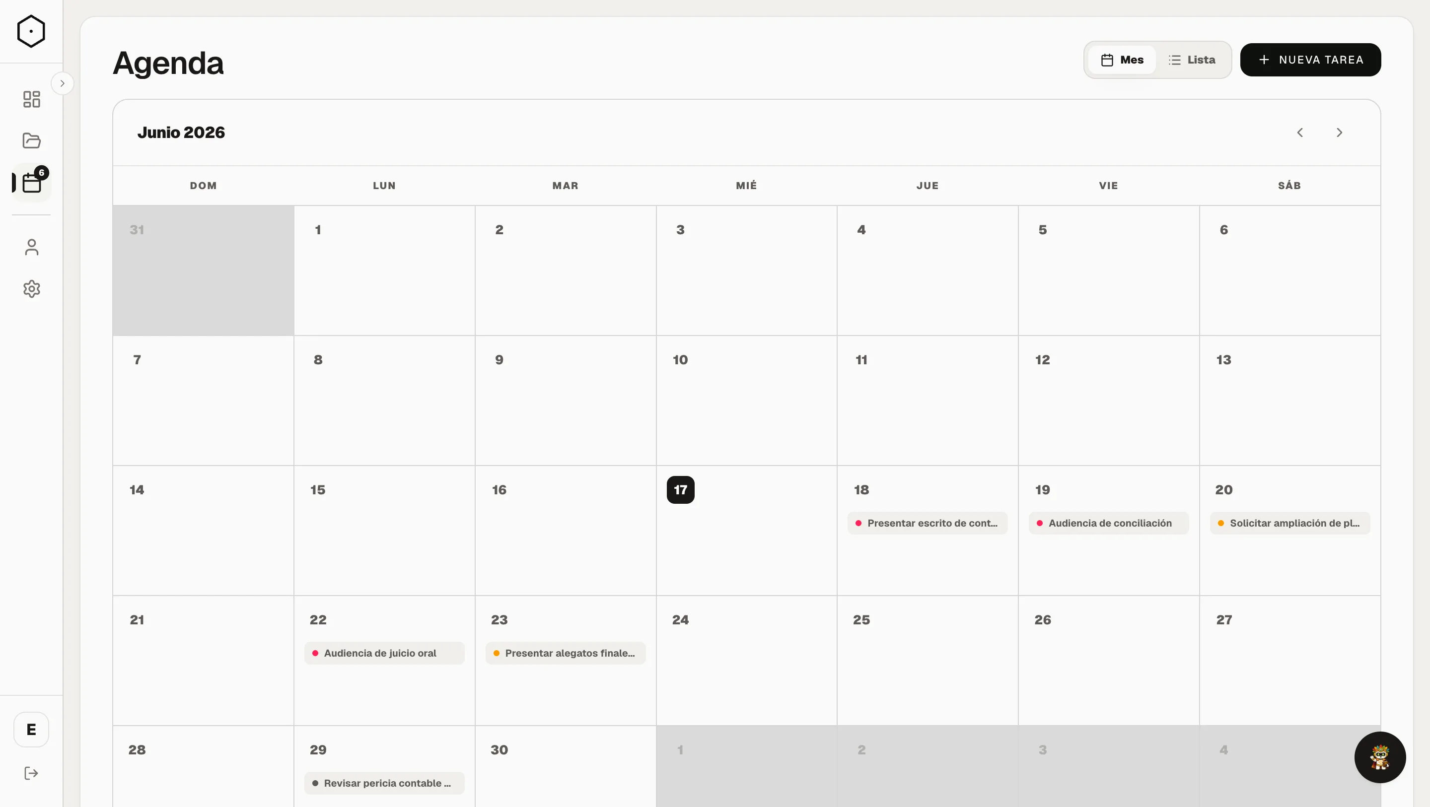 Vista de Agenda en Juripacha