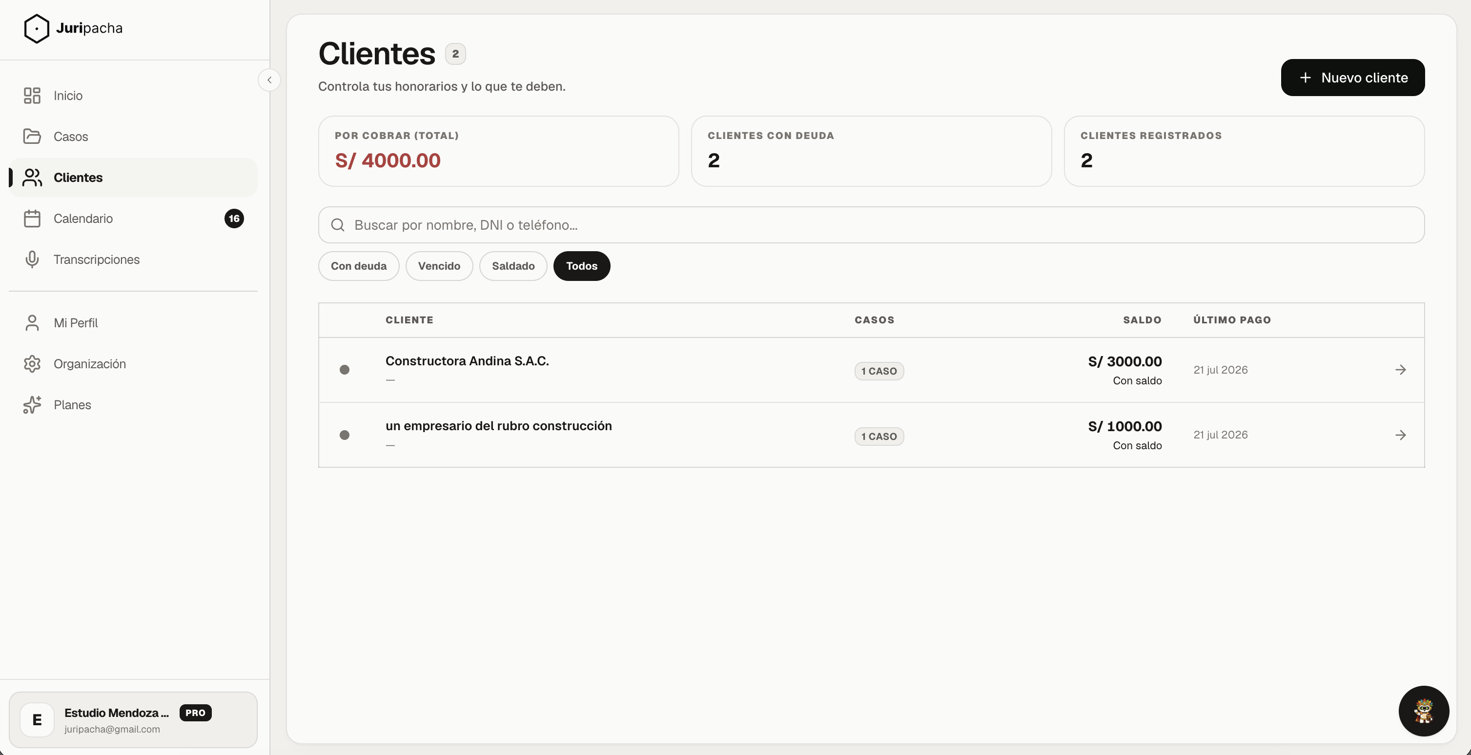 Vista de Clientes y cobros en Juripacha