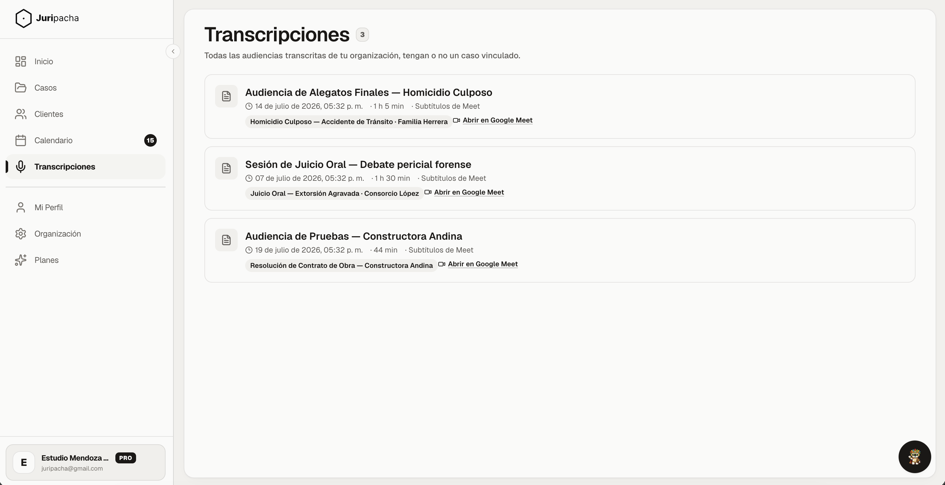 Vista de Transcripciones en Juripacha